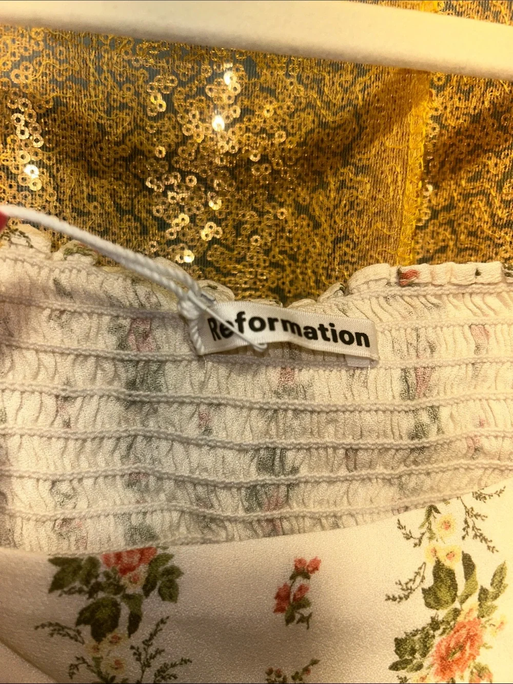 Reformation White Floral Smocked Square-Neck Blouse
